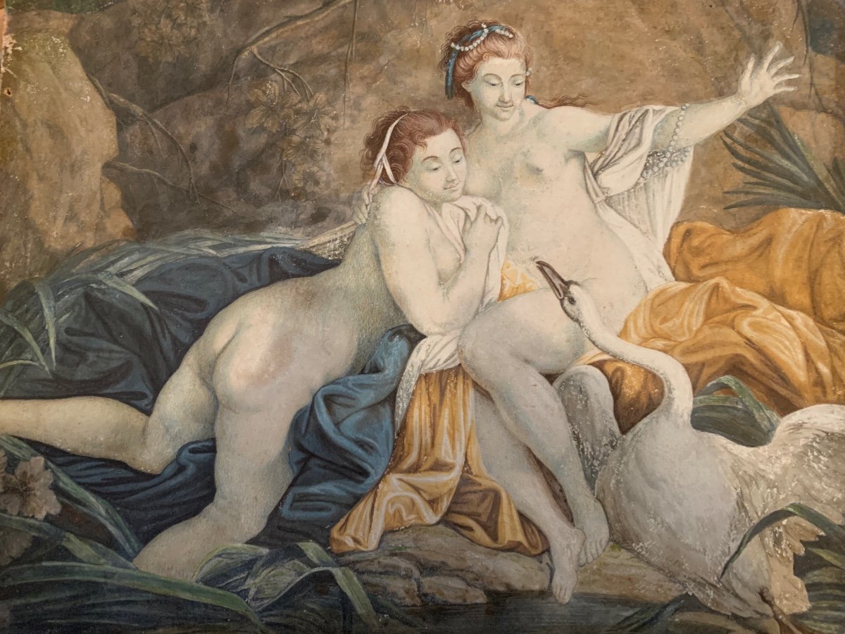 Léda Et Le Cygne Aquarelle XIX Siècle 